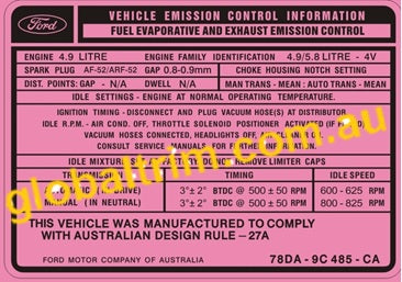 Exempt Engine Sticker FORD ENGINE EMISSION LABEL DECAL STICKER XC XD XE XF 3.3 4.1 4.9 5.8 V ...